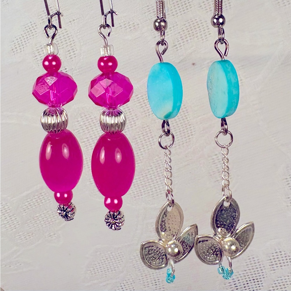 Earrings Pierced Handcrafted Unique Design Hot Pink & Silver + Turquoise&Silver